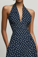 Load image into Gallery viewer, Navy and White Chiffon Halter A Line Boho Maxi Polka Dot Dress with Slit