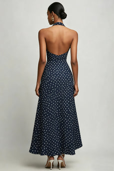 Navy and White Chiffon Halter A Line Boho Maxi Polka Dot Dress with Slit