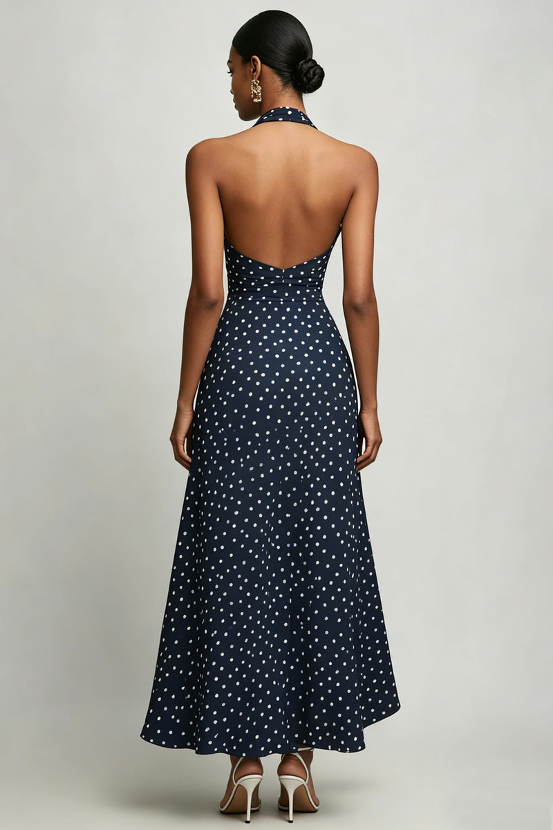 Load image into Gallery viewer, Navy and White Chiffon Halter A Line Boho Maxi Polka Dot Dress with Slit