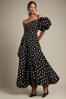 Load image into Gallery viewer, One Shoulder Satin Black and White Puff Sleeves Boho Maxi Polka Dot Dress