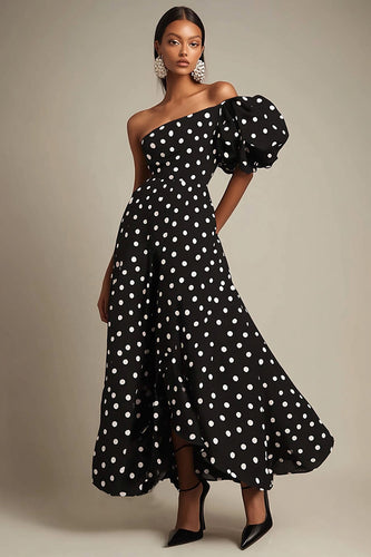 One Shoulder Satin Black and White Puff Sleeves Boho Maxi Polka Dot Dress