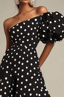 Load image into Gallery viewer, One Shoulder Satin Black and White Puff Sleeves Boho Maxi Polka Dot Dress