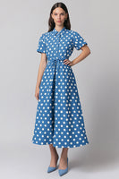 Load image into Gallery viewer, Satin Short Sleeves Blue and White A Line Maxi Polka Dot Dress with Sash