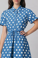 Load image into Gallery viewer, Satin Short Sleeves Blue and White A Line Maxi Polka Dot Dress with Sash