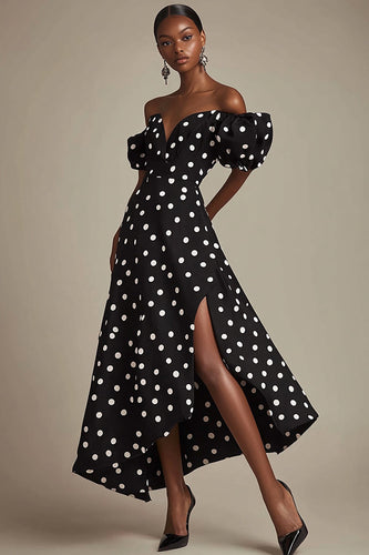 Boho Black and White Satin Puff Sleeves Midi Polka Dot Dress with Slit