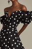Load image into Gallery viewer, Boho Black and White Satin Puff Sleeves Midi Polka Dot Dress with Slit