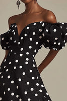 Load image into Gallery viewer, Boho Black and White Satin Puff Sleeves Midi Polka Dot Dress with Slit