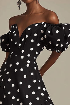 Boho Black and White Satin Puff Sleeves Midi Polka Dot Dress with Slit