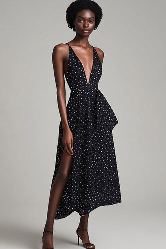 A Line Black and White Boho Midi Chiffon Polka Dot Dress with Slit