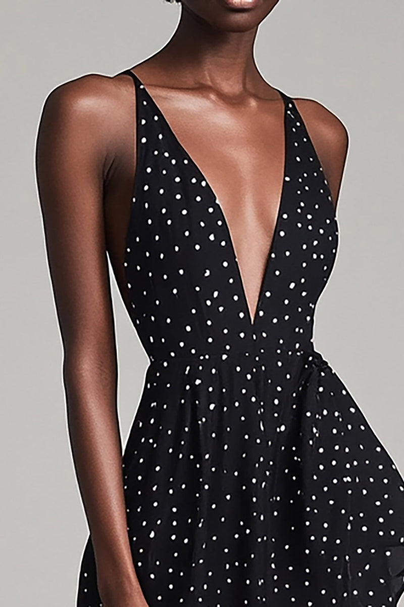 Load image into Gallery viewer, A Line Black and White Boho Midi Chiffon Polka Dot Dress with Slit