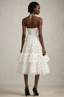 Load image into Gallery viewer, Tiered Black and White Tulle A Line Midi Polka Dot Dress with Ruffles
