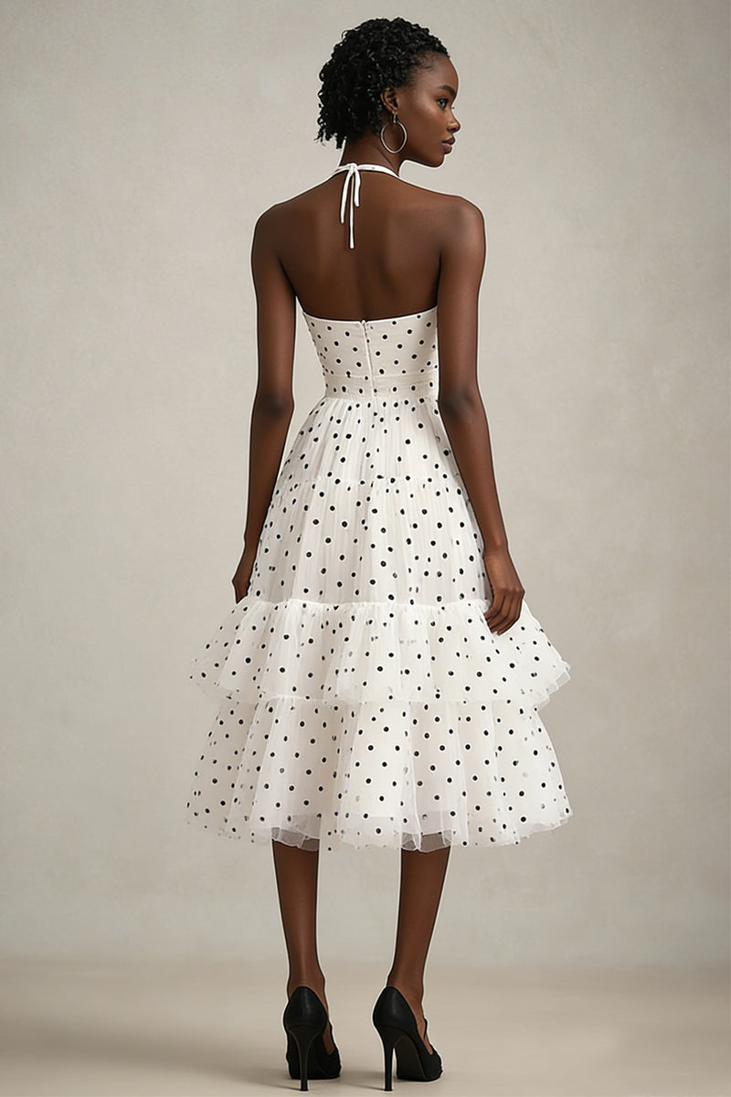 Load image into Gallery viewer, Tiered Black and White Tulle A Line Midi Polka Dot Dress with Ruffles