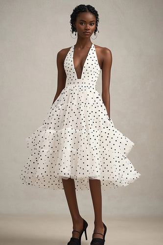 Tiered Black and White Tulle A Line Midi Polka Dot Dress with Ruffles
