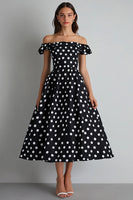 Load image into Gallery viewer, Off the Shoulder A Line Black and White Midi Satin Polka Dot Dress