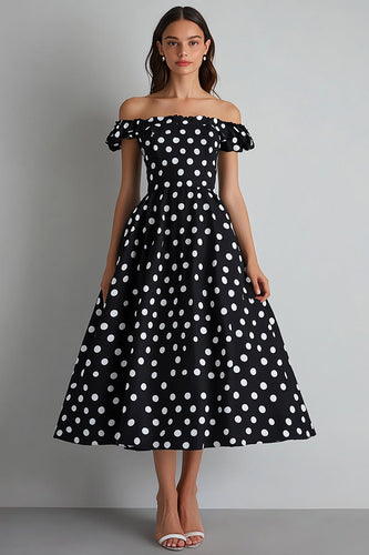 Off the Shoulder A Line Black and White Midi Satin Polka Dot Dress