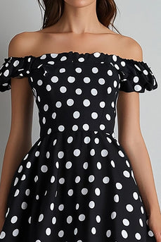 Off the Shoulder A Line Black and White Midi Satin Polka Dot Dress