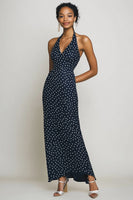 Load image into Gallery viewer, Halter Navy and White Sheath Boho Maxi Chiffon Polka Dot Dress