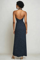 Load image into Gallery viewer, Halter Navy and White Sheath Boho Maxi Chiffon Polka Dot Dress