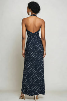 Halter Navy and White Sheath Boho Maxi Chiffon Polka Dot Dress