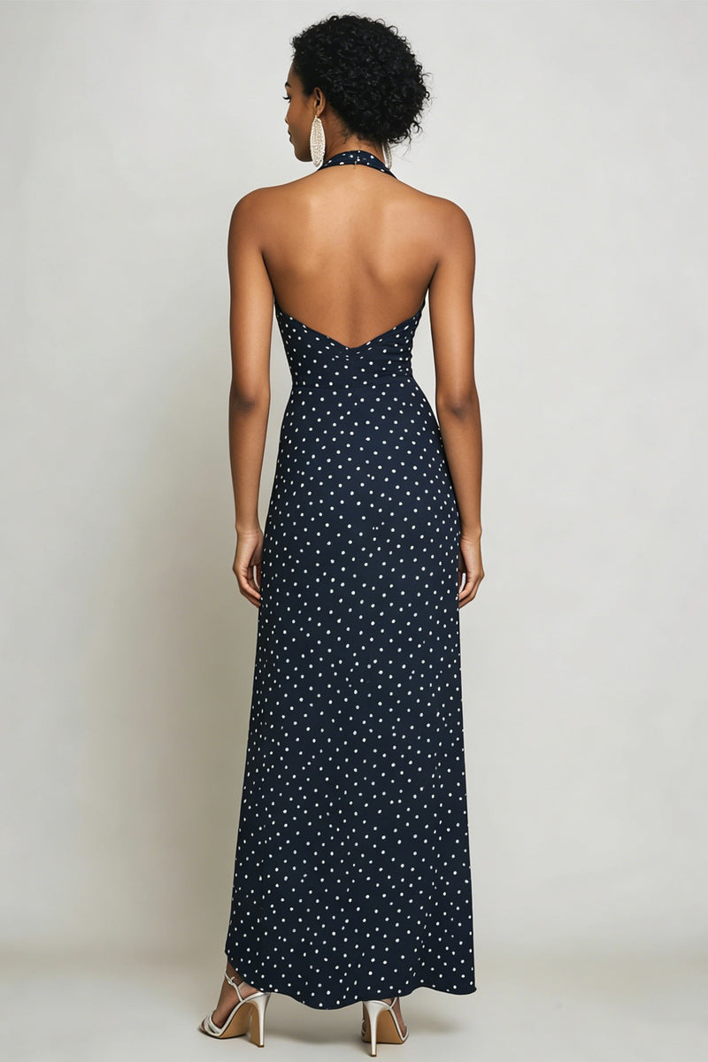 Load image into Gallery viewer, Halter Navy and White Sheath Boho Maxi Chiffon Polka Dot Dress