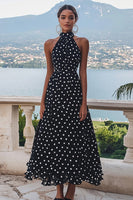 Load image into Gallery viewer, High Neck Black and White Chiffon A Line Boho Maxi Polka Dot Dress
