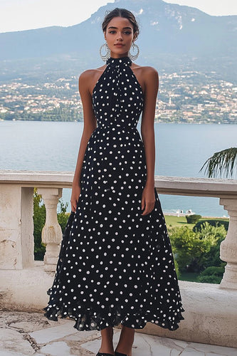 High Neck Black and White Chiffon A Line Boho Maxi Polka Dot Dress