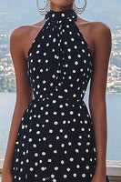 Load image into Gallery viewer, High Neck Black and White Chiffon A Line Boho Maxi Polka Dot Dress