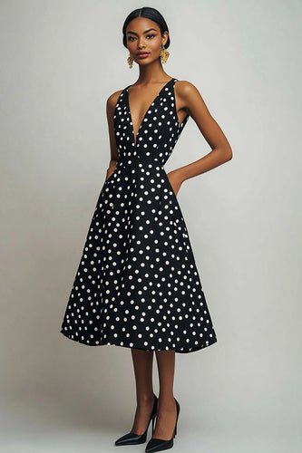 Satin Black and White A Line Boho Midi Polka Dot Dress