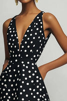 Load image into Gallery viewer, Satin Black and White A Line Boho Midi Polka Dot Dress