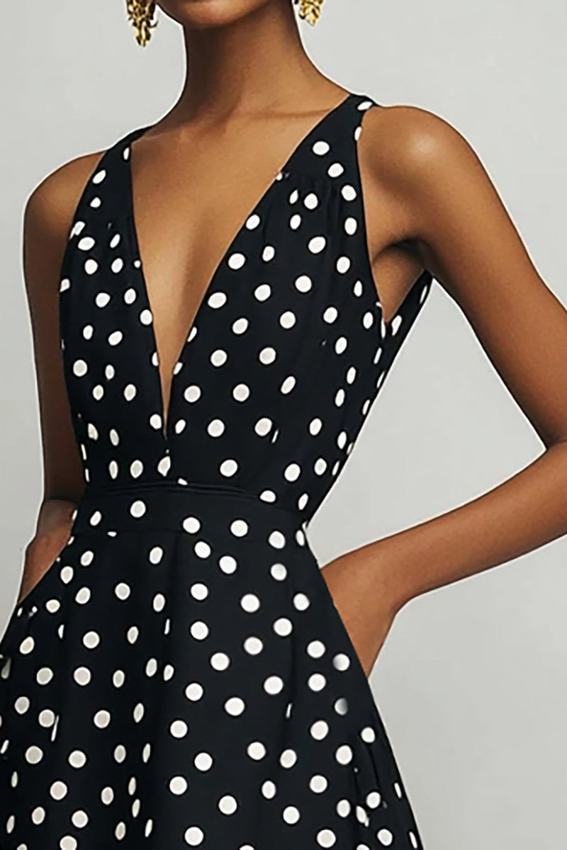 Load image into Gallery viewer, Satin Black and White A Line Boho Midi Polka Dot Dress
