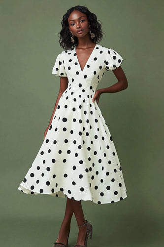 Satin V-Neck Boho Black and White Puff Sleeves Midi Polka Dot Dress