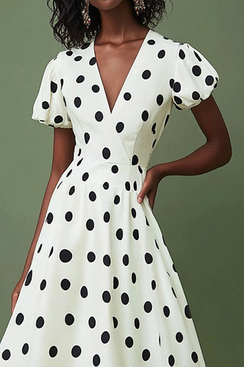 Load image into Gallery viewer, Satin V-Neck Boho Black and White Puff Sleeves Midi Polka Dot Dress