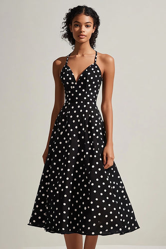 A Line Black and White Chiffon Boho Spaghetti Straps Midi Polka Dot Dress
