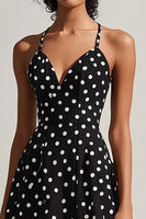 Load image into Gallery viewer, A Line Black and White Chiffon Boho Spaghetti Straps Midi Polka Dot Dress