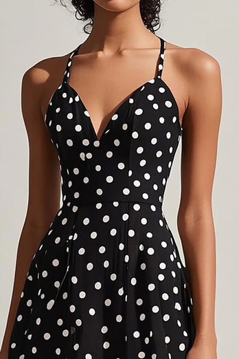 A Line Black and White Chiffon Boho Spaghetti Straps Midi Polka Dot Dress
