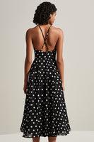 Load image into Gallery viewer, A Line Black and White Chiffon Boho Spaghetti Straps Midi Polka Dot Dress