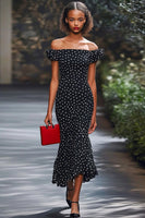 Load image into Gallery viewer, Mermaid Black and White Satin Off the Shoulder Boho Maxi Polka Dot Dress