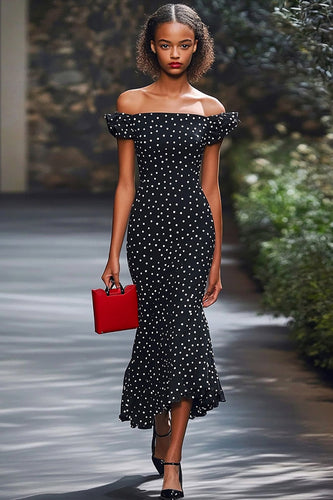 Mermaid Black and White Satin Off the Shoulder Boho Maxi Polka Dot Dress