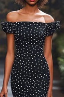 Load image into Gallery viewer, Mermaid Black and White Satin Off the Shoulder Boho Maxi Polka Dot Dress