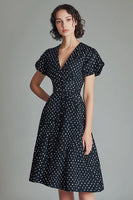 Load image into Gallery viewer, A Line Black and White Satin Mini Polka Dot Dress with Sleeves