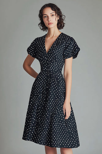 A Line Black and White Satin Mini Polka Dot Dress with Sleeves