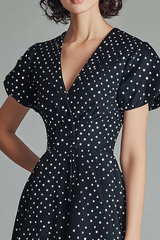 A Line Black and White Satin Mini Polka Dot Dress with Sleeves