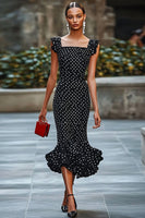 Load image into Gallery viewer, Chiffon Mermaid Boho Black and White Midi Polka Dot Dress with Ruffles