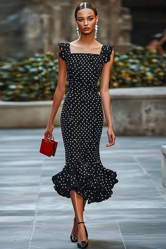 Chiffon Mermaid Boho Black and White Midi Polka Dot Dress with Ruffles