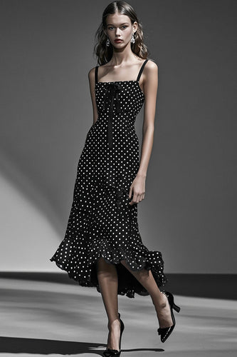 Boho A Line Black and White Midi Chiffon Polka Dot Dress with Ruffles
