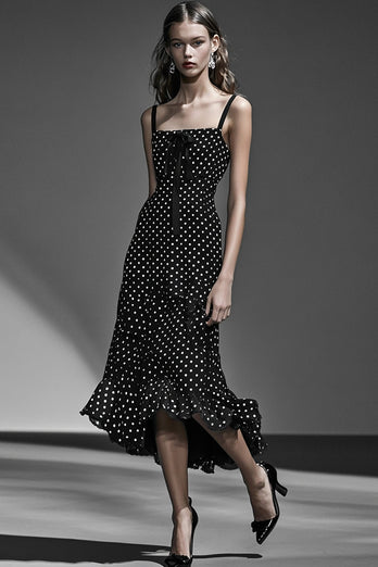 Boho A Line Black and White Midi Chiffon Polka Dot Dress with Ruffles