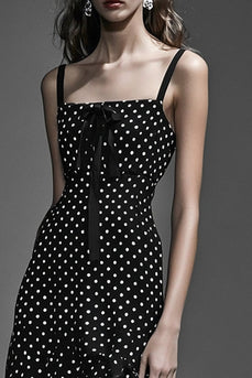 Boho A Line Black and White Midi Chiffon Polka Dot Dress with Ruffles