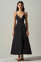 Load image into Gallery viewer, Boho Black and White A Line Spaghetti Straps Maxi Chiffon Polka Dot Dress