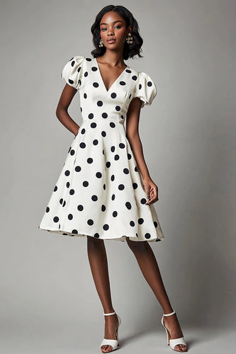 V-Neck Puff Sleeves Black and White Boho Mini Satin Polka Dot Dress
