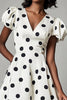 Load image into Gallery viewer, V-Neck Puff Sleeves Black and White Boho Mini Satin Polka Dot Dress